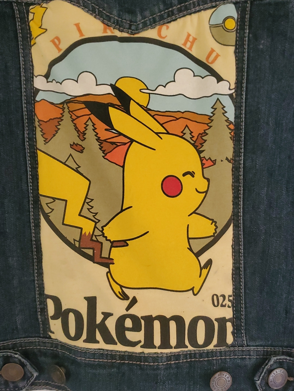Jean Jacket With Panel Hand Sewn On Back. Pikachu .size M.